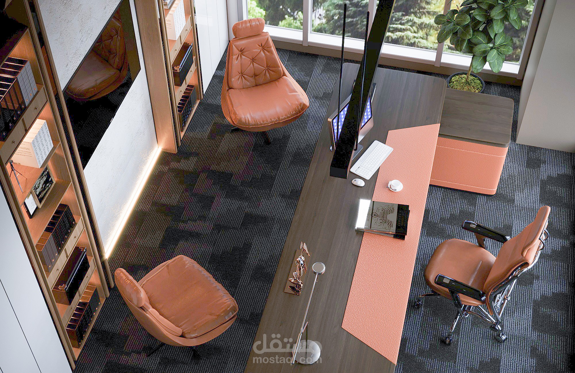 تصميم مكتب إداري عصري باستخدام الخشب وإضاءة مدروسة