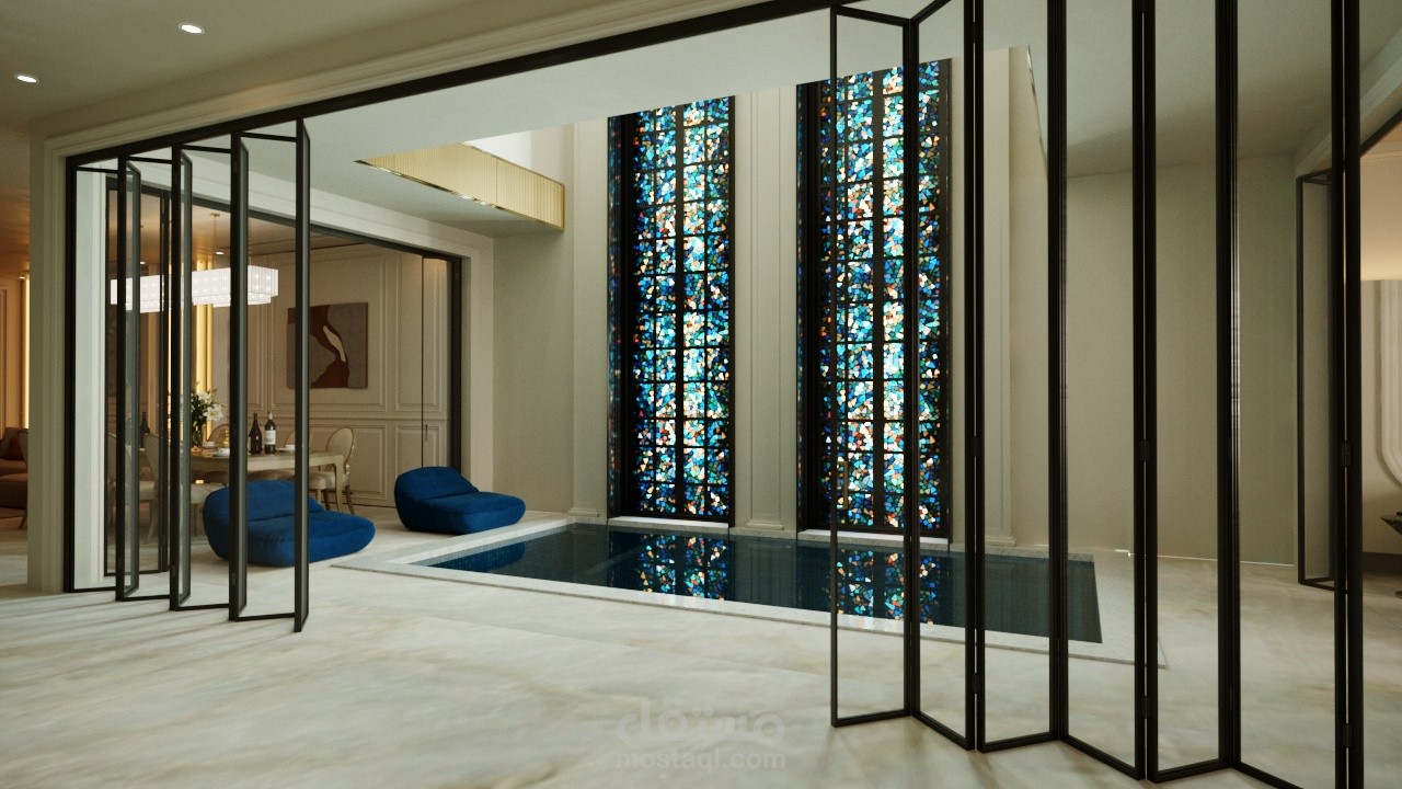 تصميم فيلا في الكويت بحمام سباحة داخلي – من الفكرة إلى الفرش الكامل