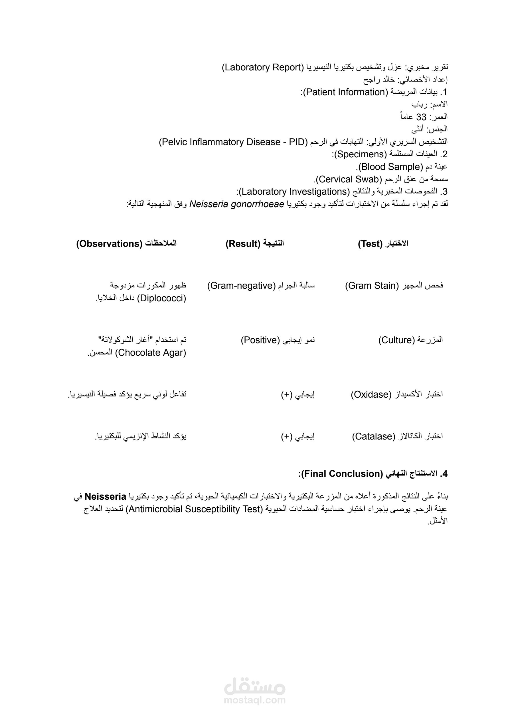 تقرير مخبري لتشخيص بكتيريا النيسيريا - حالة المريضة رباب
