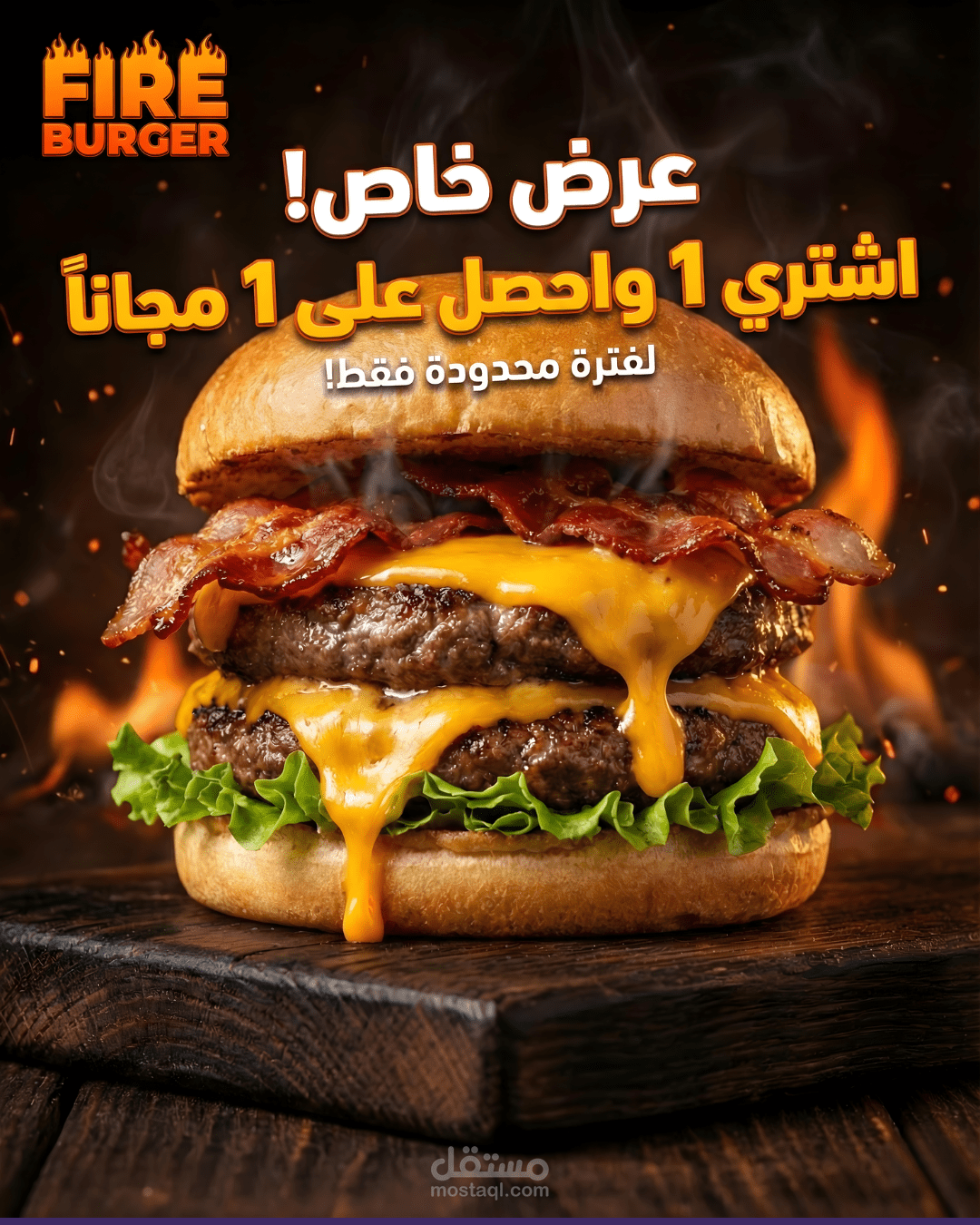 تصميم إعلان سوشيال ميديا احترافي لمطعم برجر Fire Burger