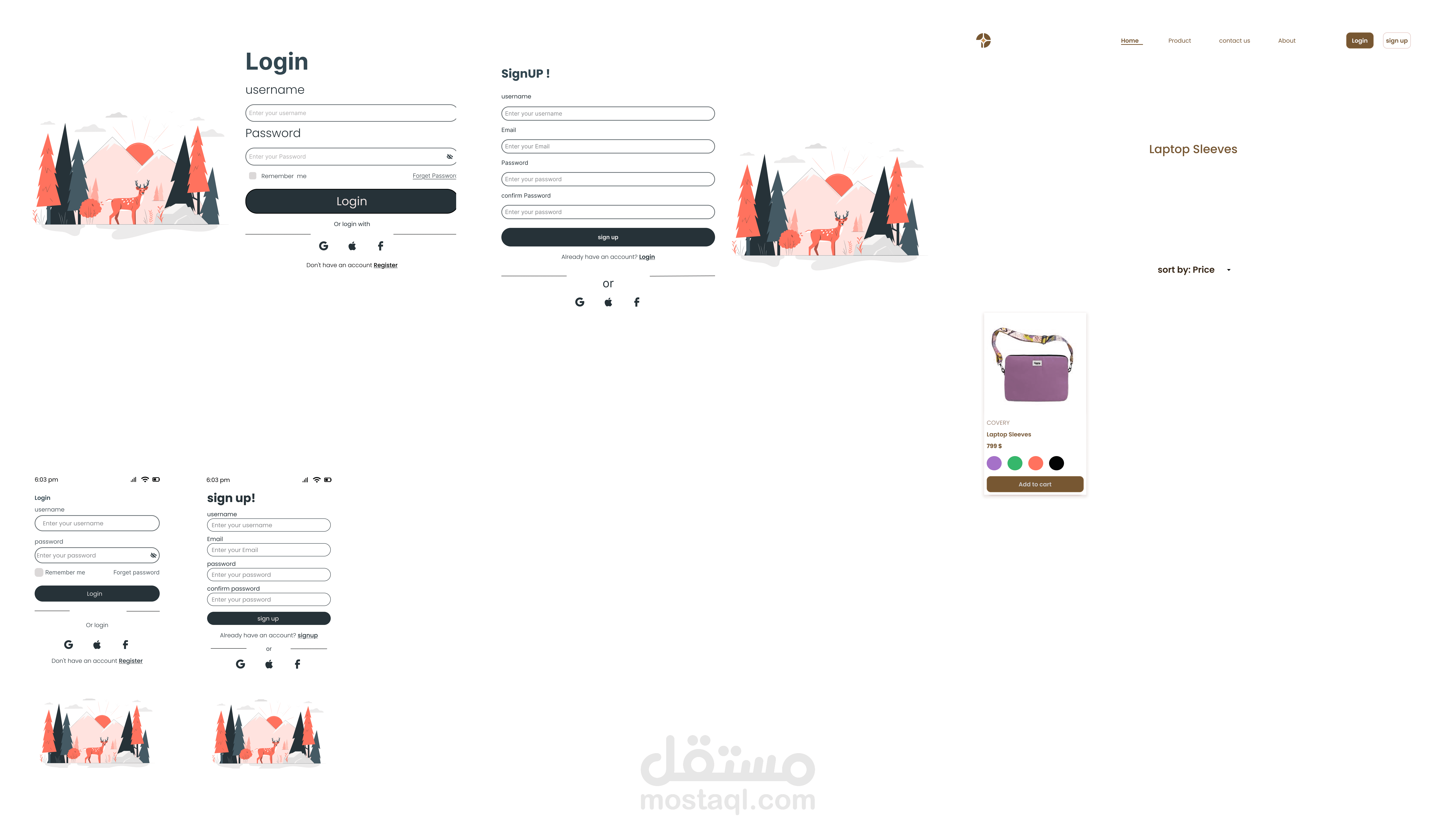 تصميم واجهات تسجيل الدخول والتسجيل (Desktop & Mobile)