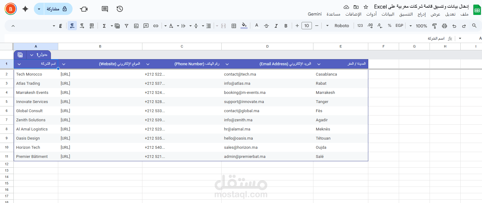 إدخال بيانات وتنسيق قائمة شركات مغربية على Excel