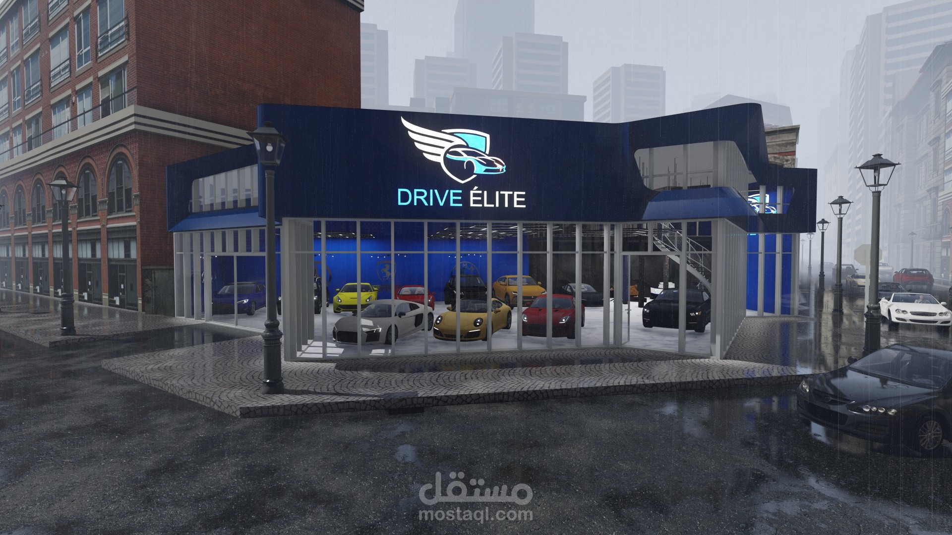 معرض سيارات حديث – تصميم متكامل للواجهة والتصميم الداخلي