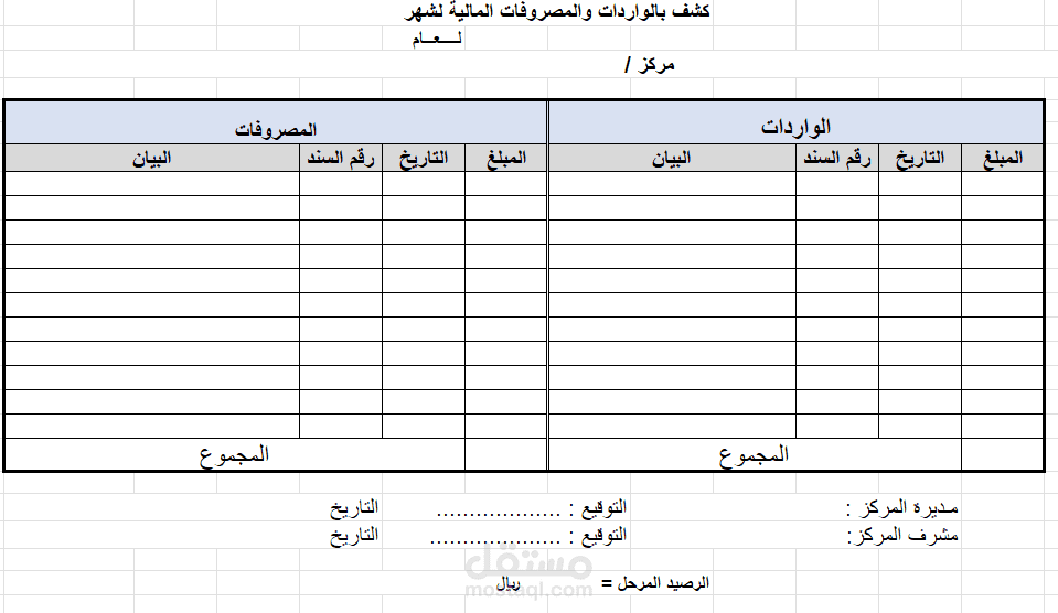 نموذج كشف الإيرادات والمصروفات الشهرية