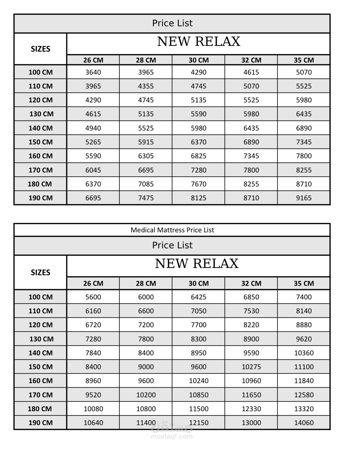 قائمة أسعار لمتجر مراتب