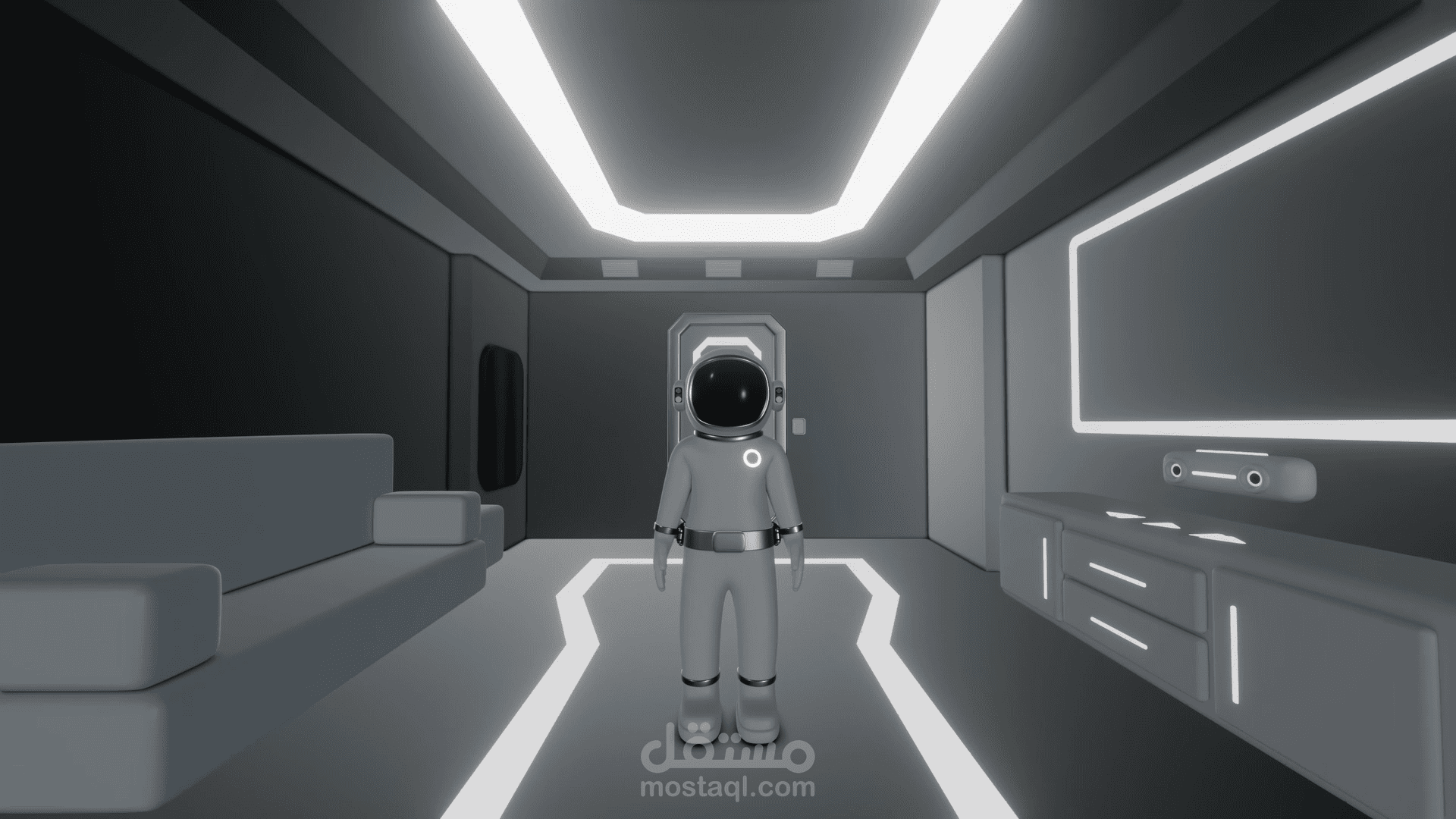 تصميم مشهد ثلاثي الأبعاد لشخصية رائد فضاء داخل بيئة مستقبلية