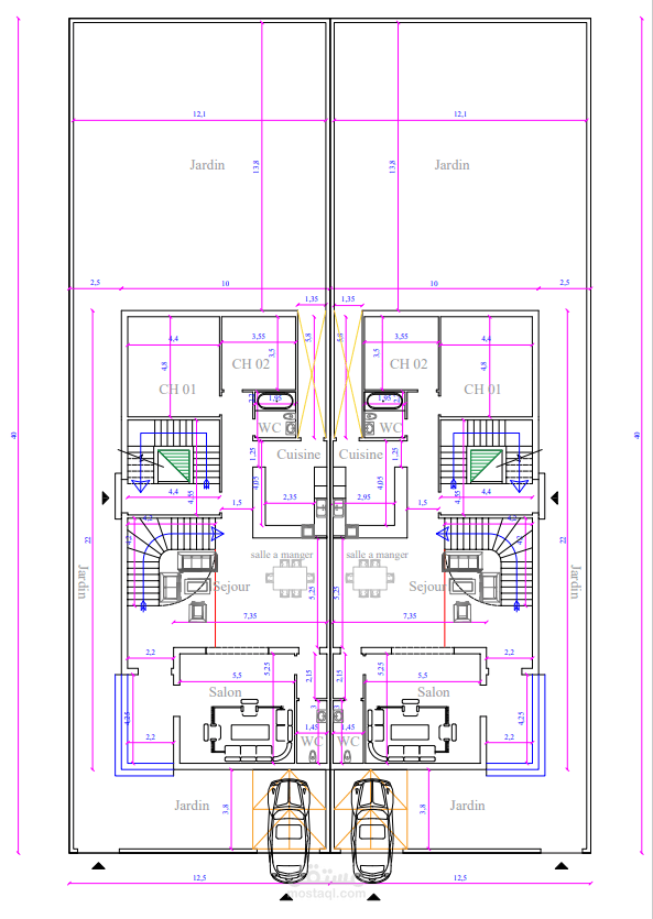 مخطط معماري لفيلا مزدوجة (Double Villa) بتصميم عملي ومساحات مدروسة