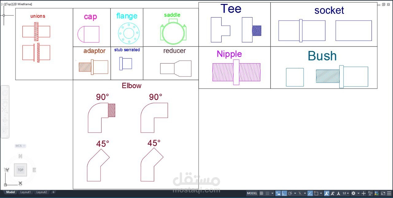 رسم 2D لمحابس وFittings في مجال الري
