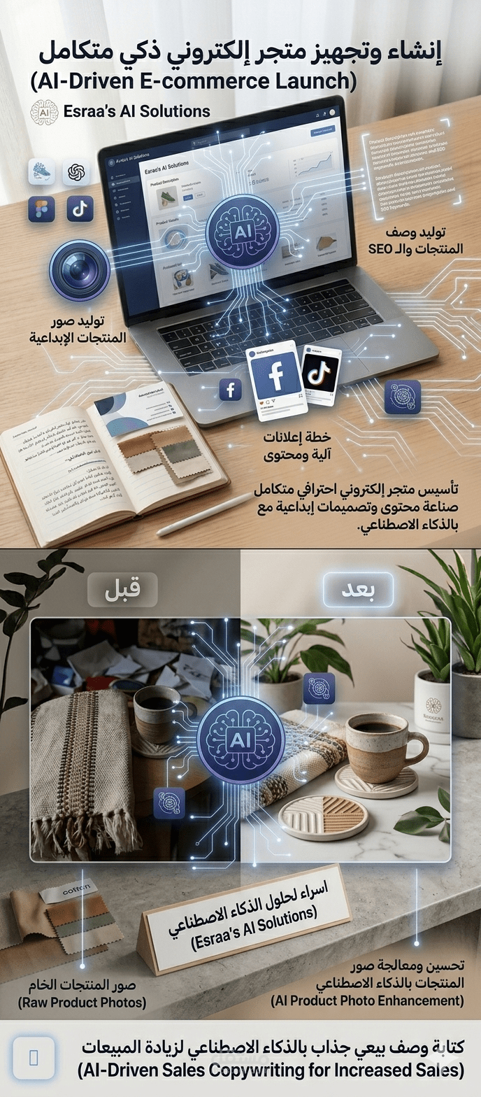تأسيس متجر إلكتروني احترافي متكامل مع صناعة محتوى وتصميمات إبداعية بالذكاء الاصطناعي