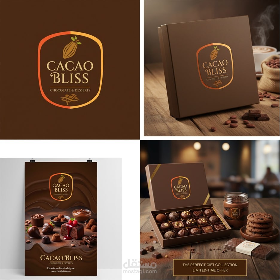 تصميم هوية بصرية وتغليف لعلامة شوكولاتة (Cacao Bliss)