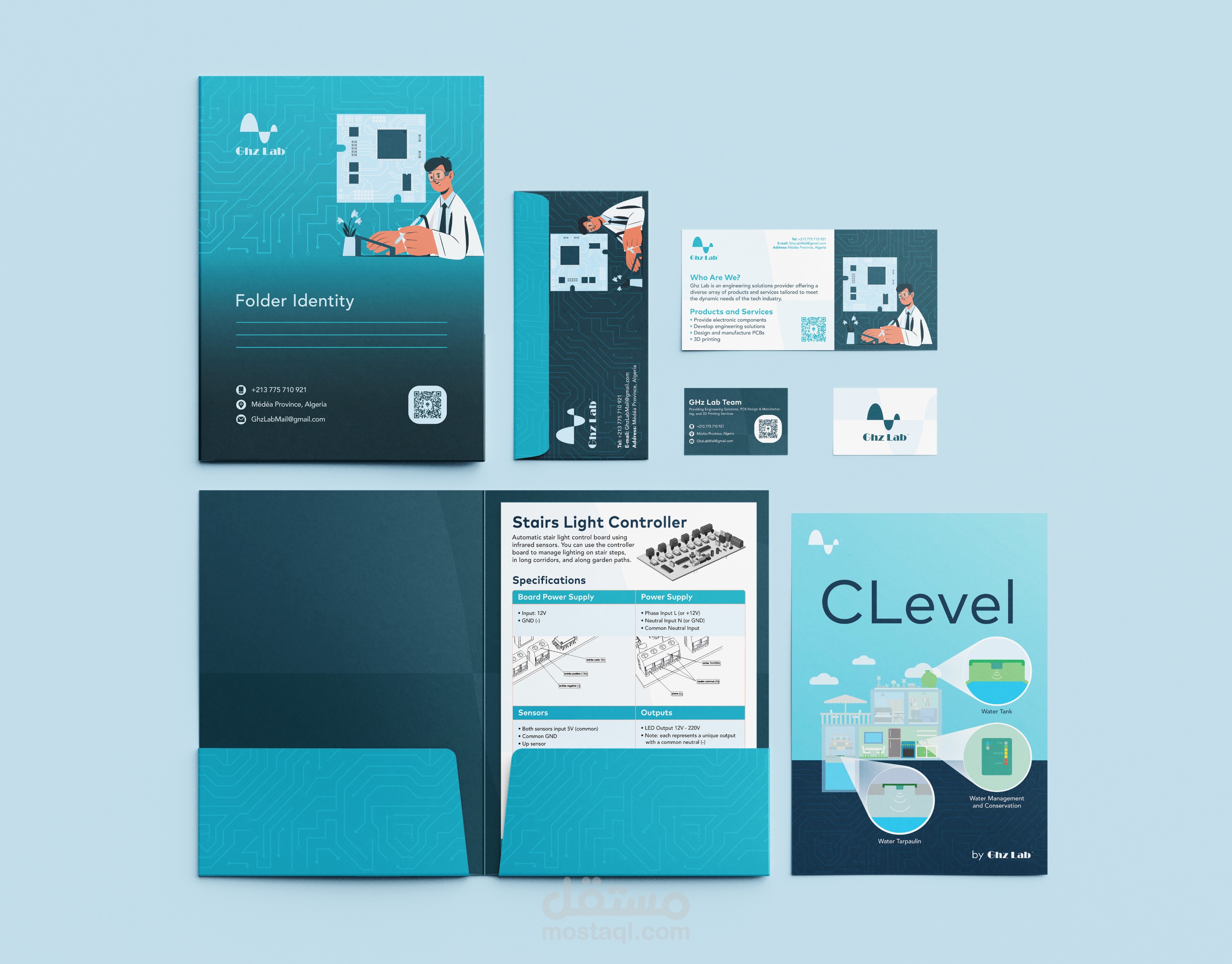 تصميم وبناء هوية بصرية متكاملة وتصاميم مطبوعة لعلامة Ghz Lab التقنية