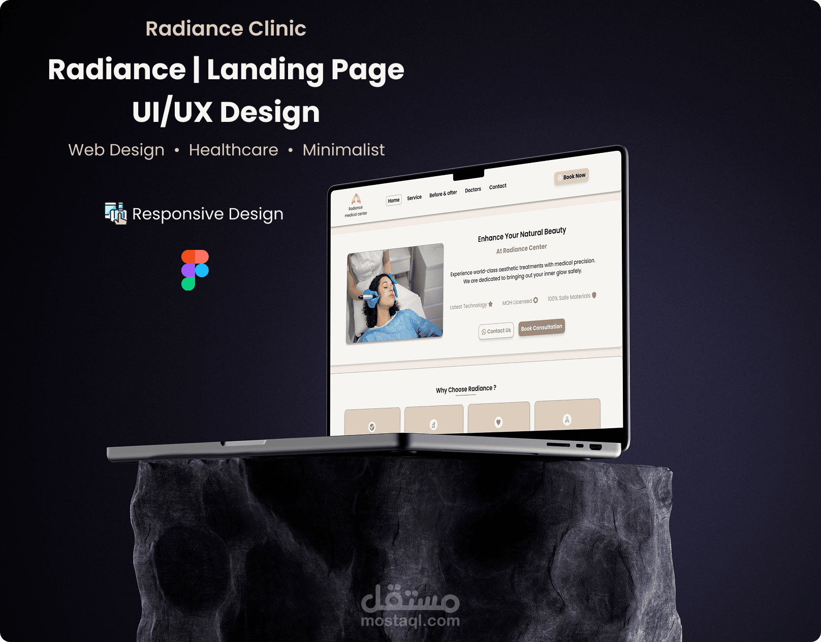 تصميم صفحة هبوط لموقع عيادة Radiance Clinic المتخصصة في العناية بالبشرة والتجميل، مع التركيز على تجربة مستخدم سهلة وواجهة أنيقة تساعد الزائر على فهم الخدمات والوصول للمعلومة بسرعة.