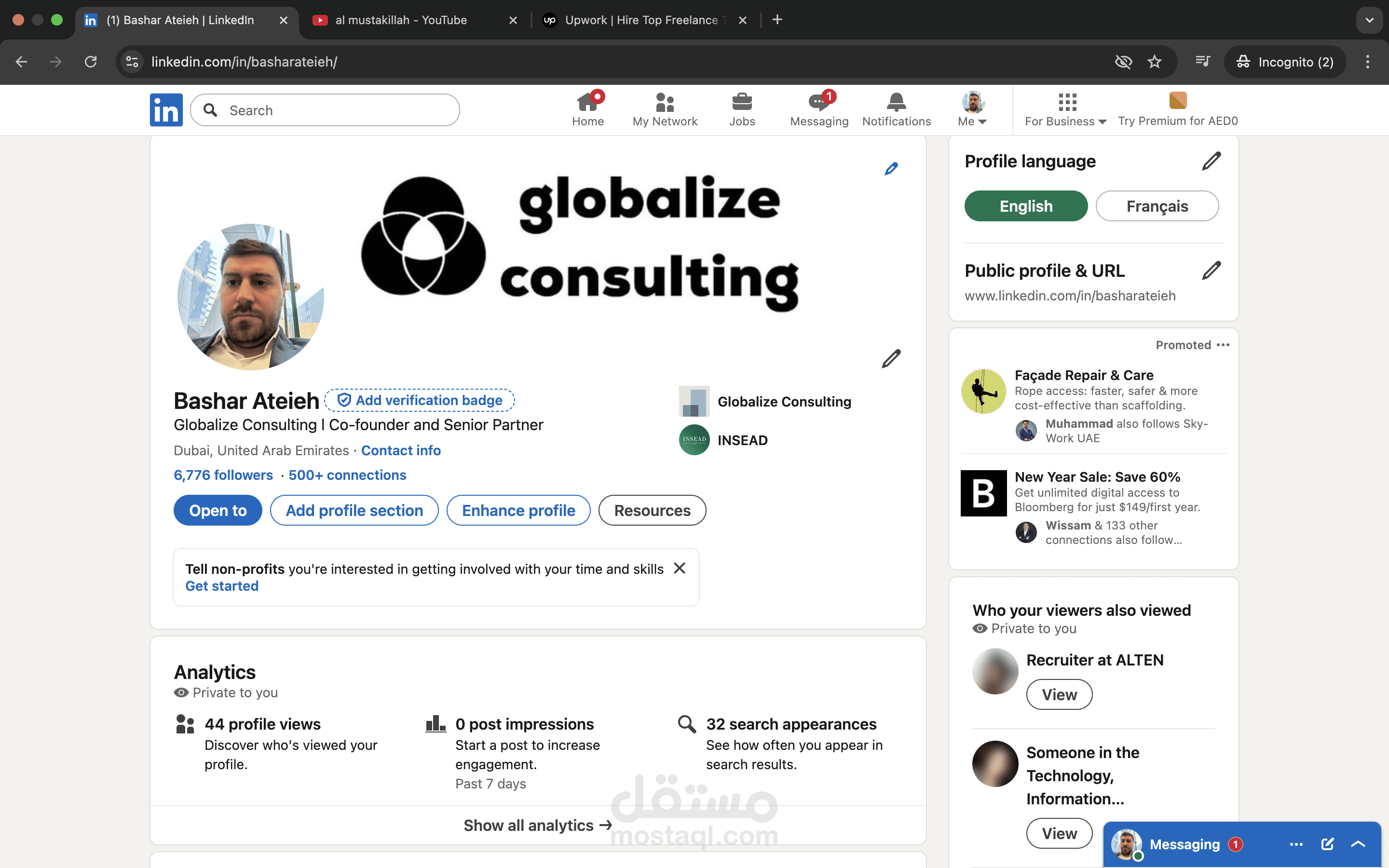 I created a professional LinkedIn account in English, tailored for a Co-Founder & Senior Partner based in Dubai, built from scratch