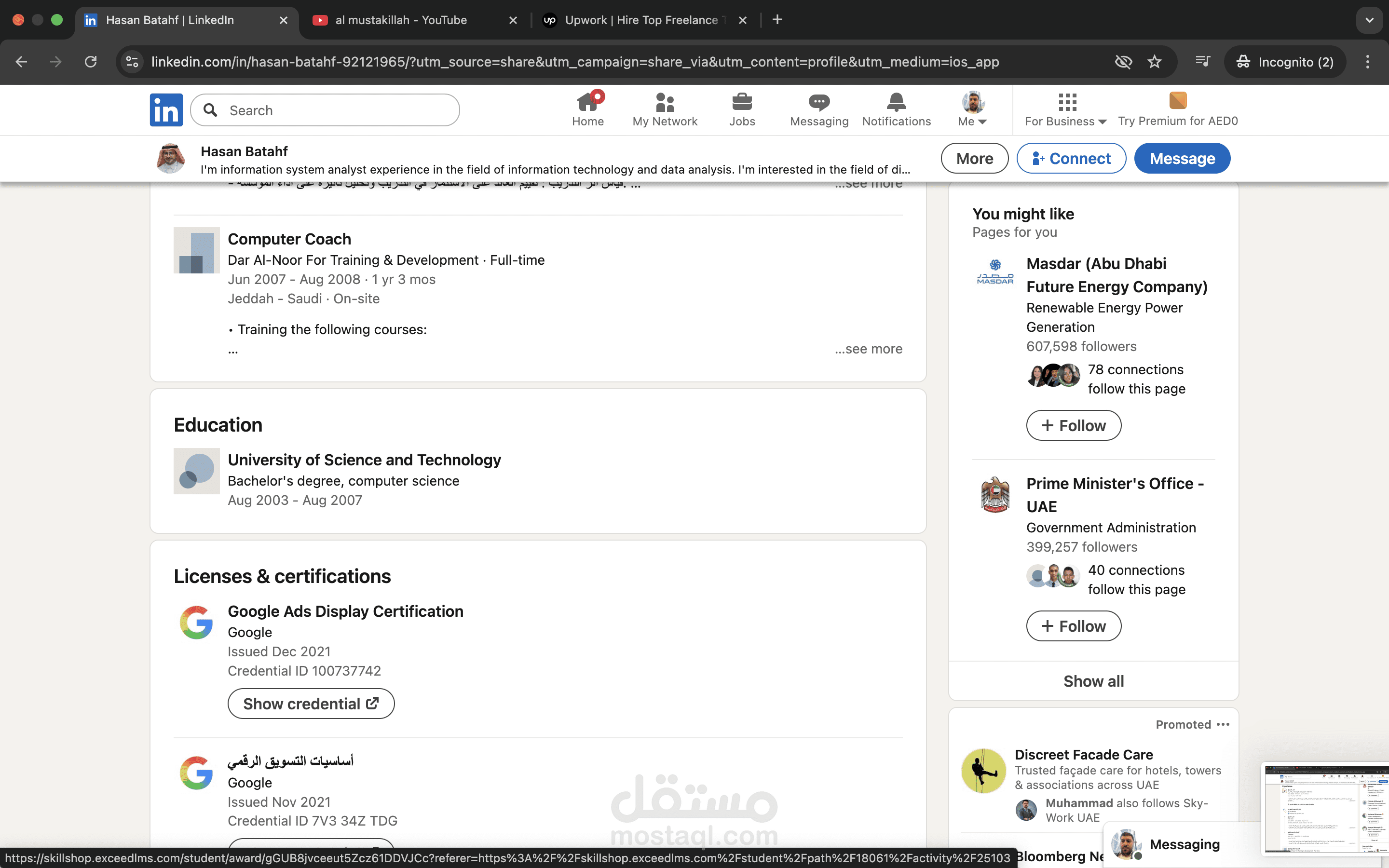 I created a professional LinkedIn account in English, for a system analyst with experience in the field of information technology and data analysis.