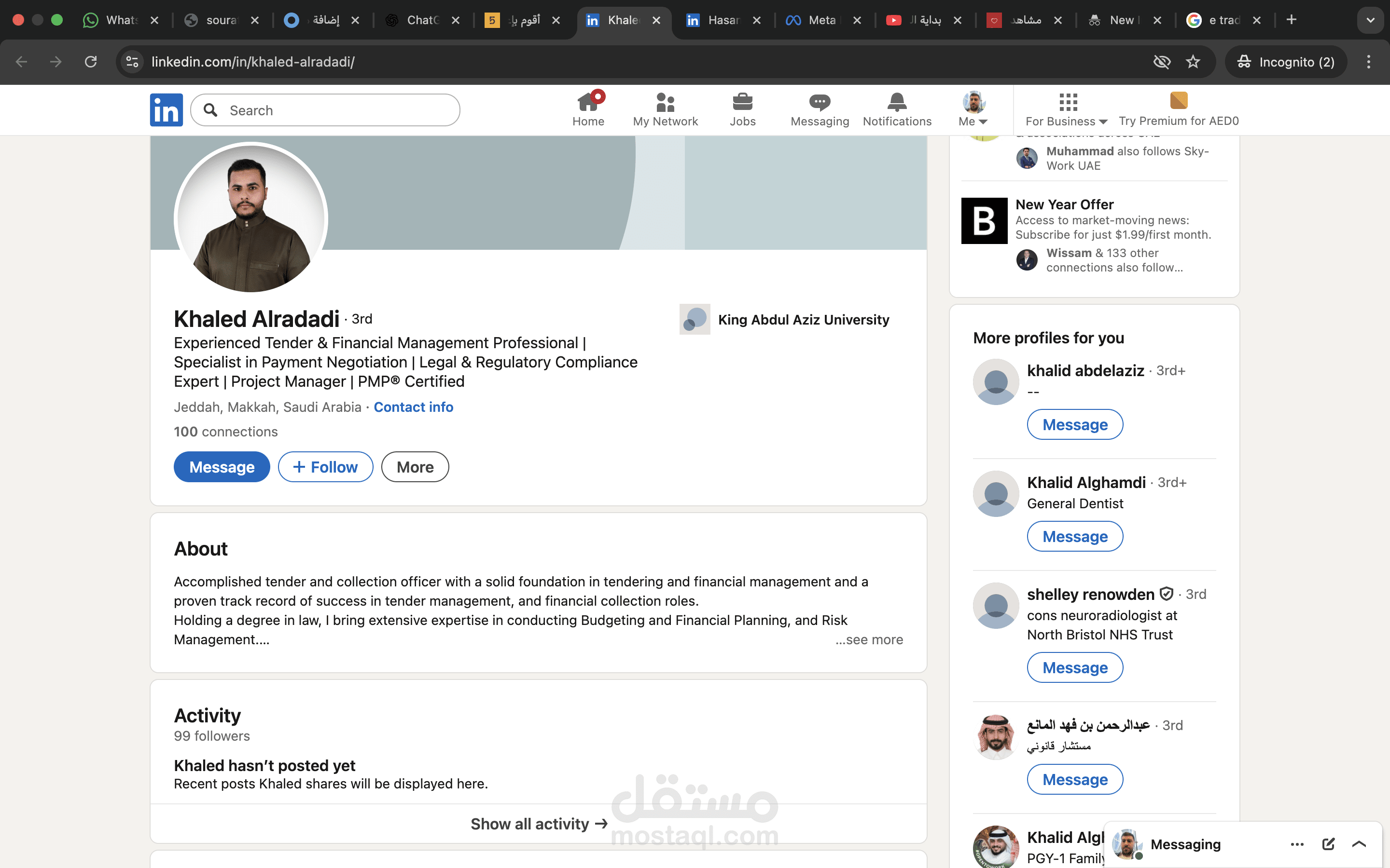 I created a professional LinkedIn account in English, for an Experienced Tender & Financial Management Professional |