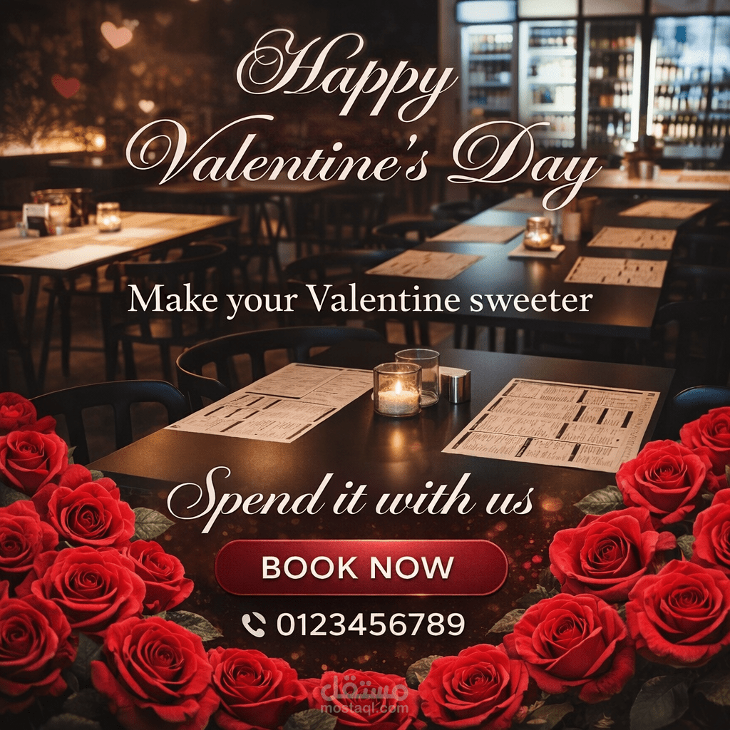 تصميم إعلان مطعم بمناسبة عيد الحب يركز على المشاعر والحجوزات.