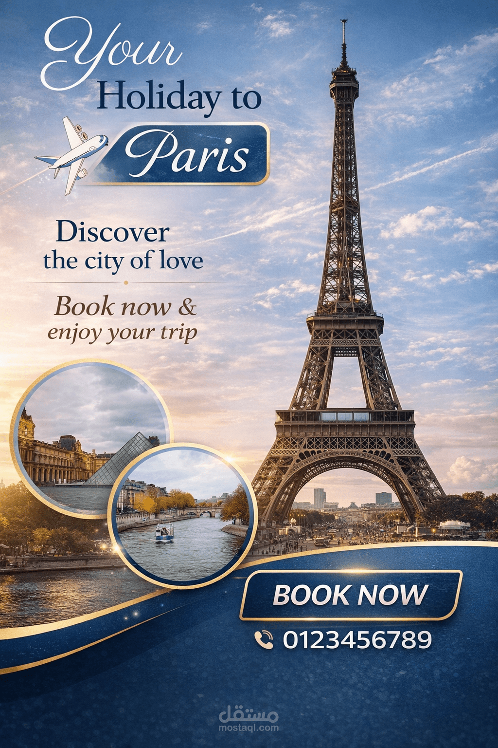 تصميم إعلان سفر لقضاء عطلة في باريس - تصميم أنيق ويركز على زيادة المبيعات.