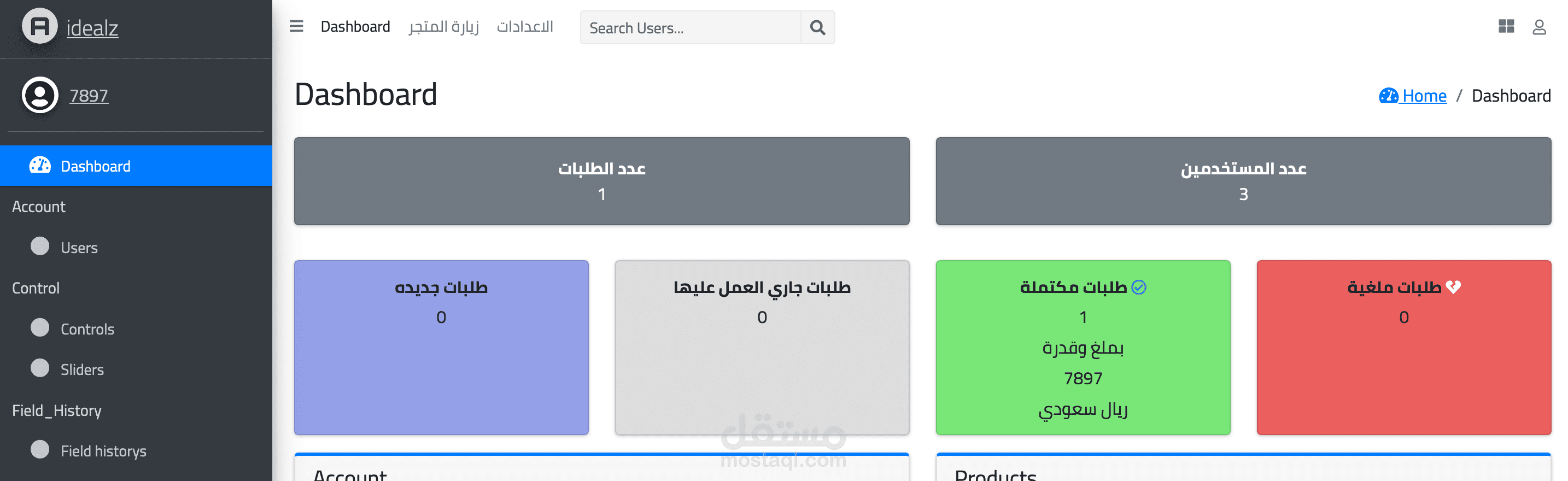 لوحة تحكم لموقع الالكتروني