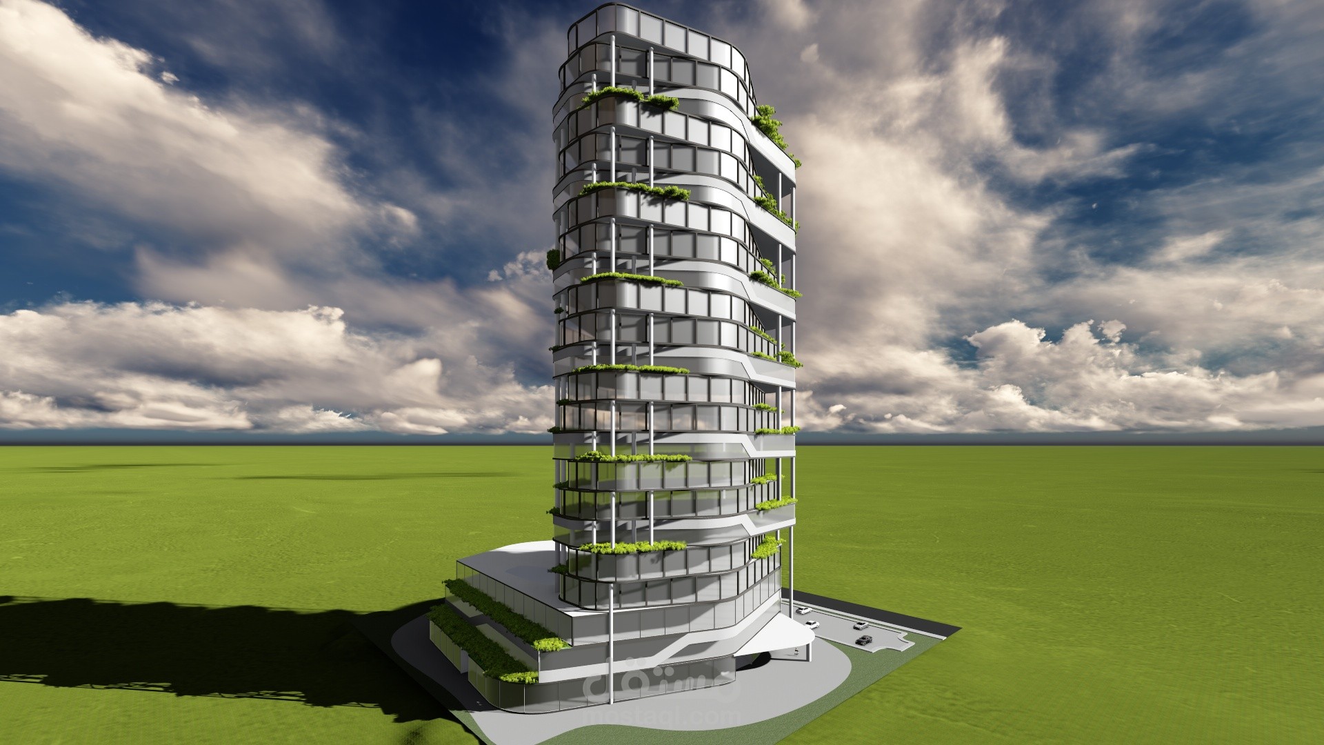 تصميم و إظهار معماري لبرج إداري و تجاري متكامل (Tower Office & Mall)