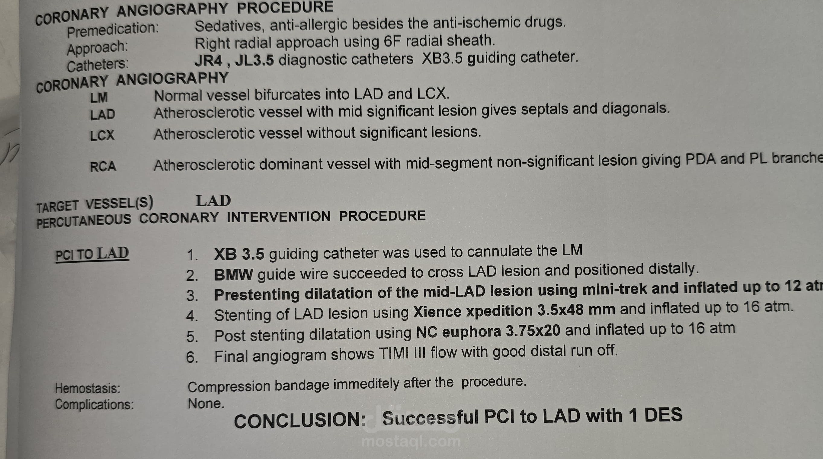 شرح تقرير قسطرة علاجية على الشريان التاجى