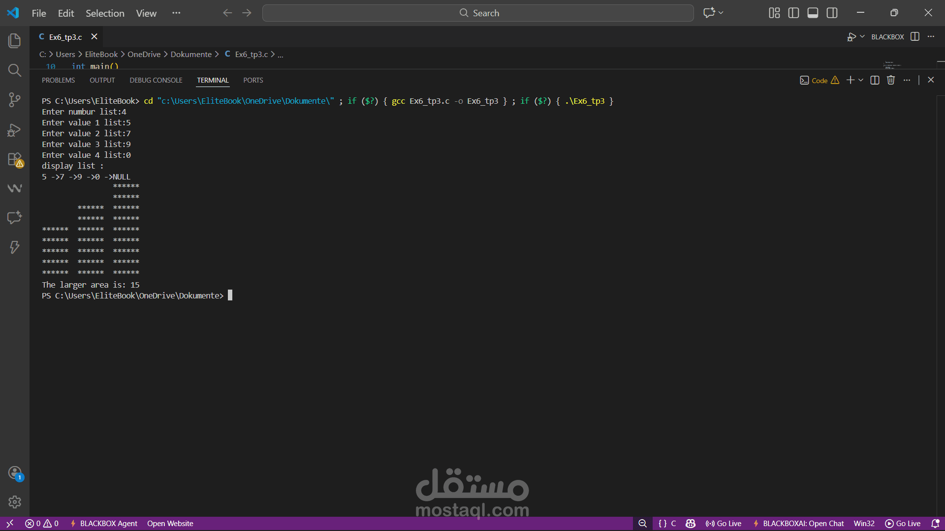 برنامج بلغة C لرسم الأعمدة وحساب أكبر مساحة بين الأعمدة (Largest Rectangle)