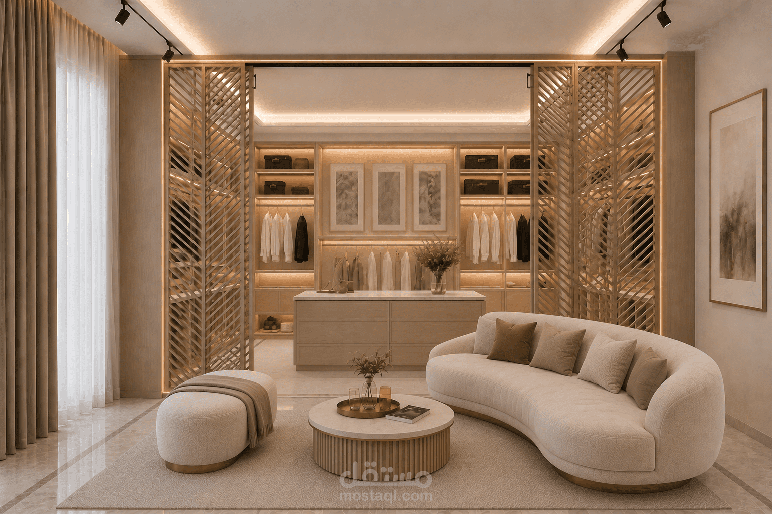 تصميم داخلي لغرفة نوم رئيسية وغرفة ملابس بطابع فندقي فاخر