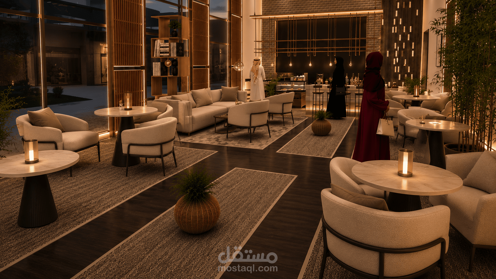 تصميم داخلي لمقهى عصري | نمذجة ثلاثية الأبعاد وإظهار واقعي