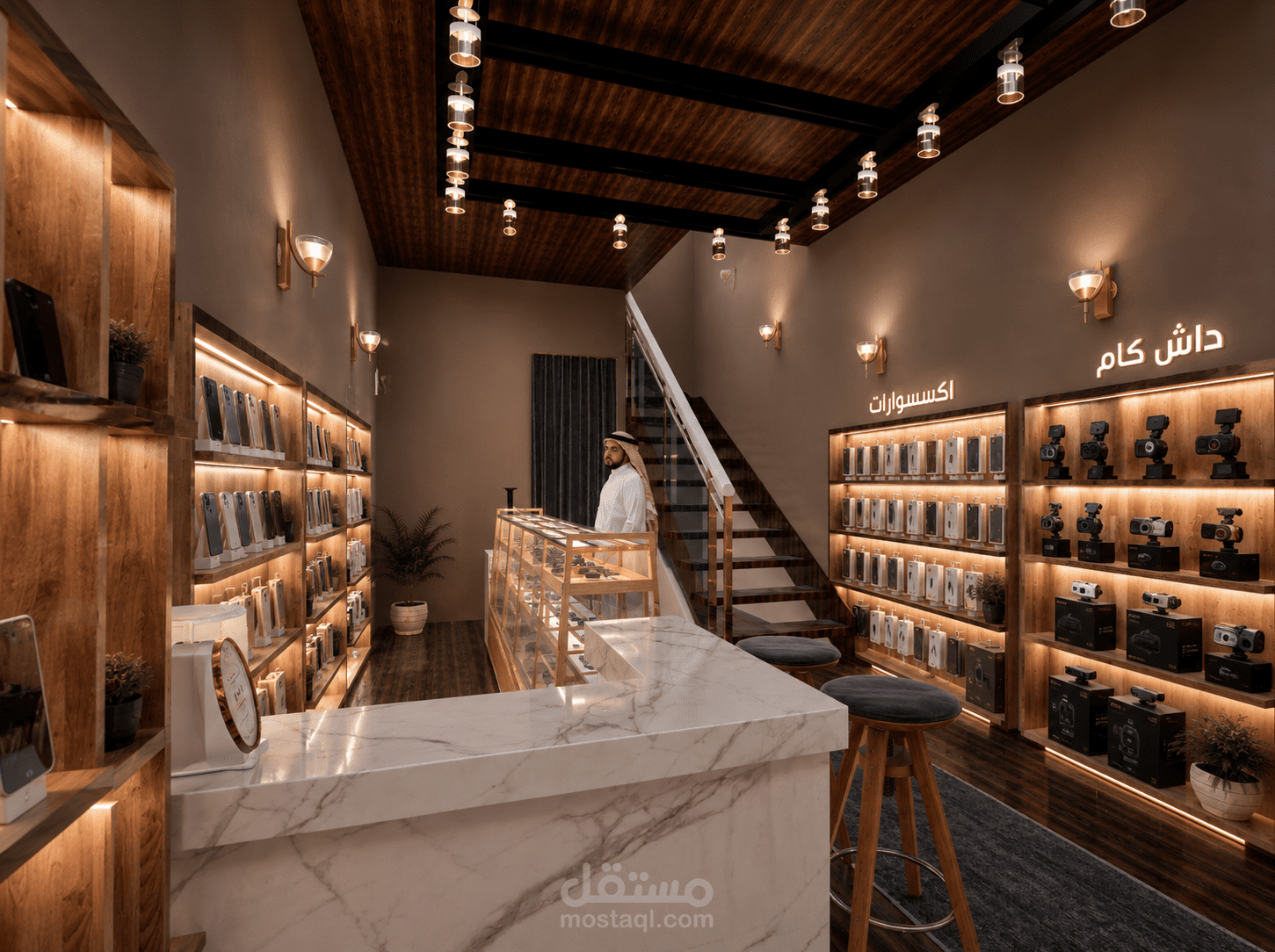 تصميم معرض إلكترونيات بميزانين معدني | تصميم داخلي وواجهة ومخططات تنفيذية