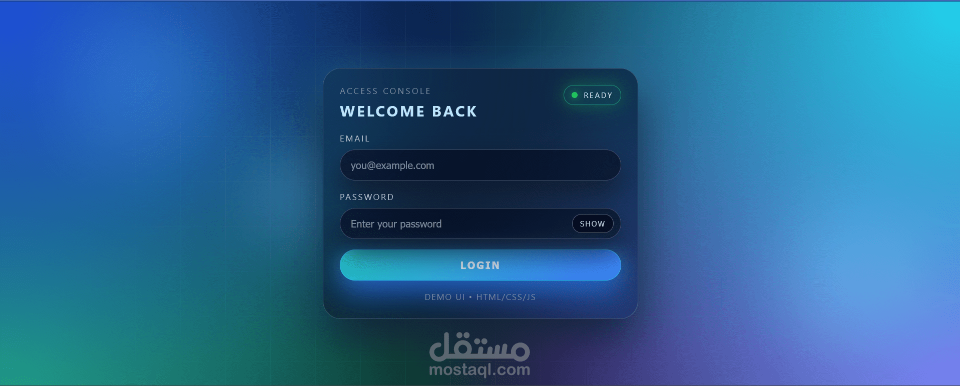 تصميم وبرمجة صفحة دخول عصرية (Login Page) بتأثير الزجاج وتجربة مستخدم ذكية.