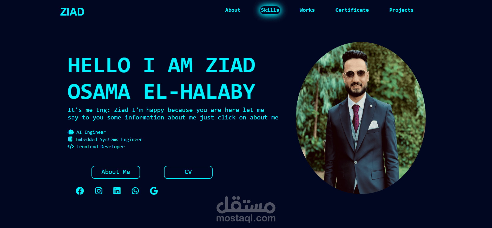 تم تصميم وتنفيذ موقع شخصي احترافي لعرض المعلومات الشخصية والمهارات ونماذج الأعمال بشكل منظم وجذاب، باستخدام HTML وCSS وJavaScript مع التركيز على البساطة وتجربة المستخدم.