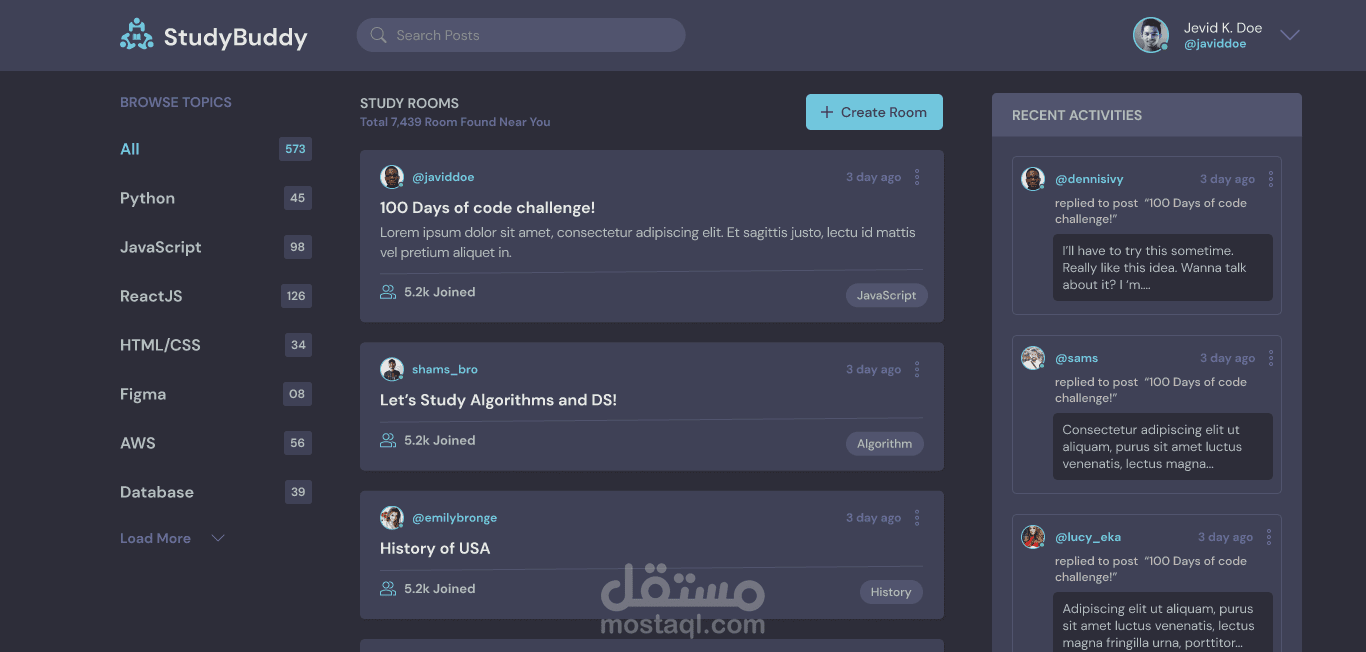 تطوير منصة "StudyBud" لغرف النقاش الدراسية والتواصل الطلابي