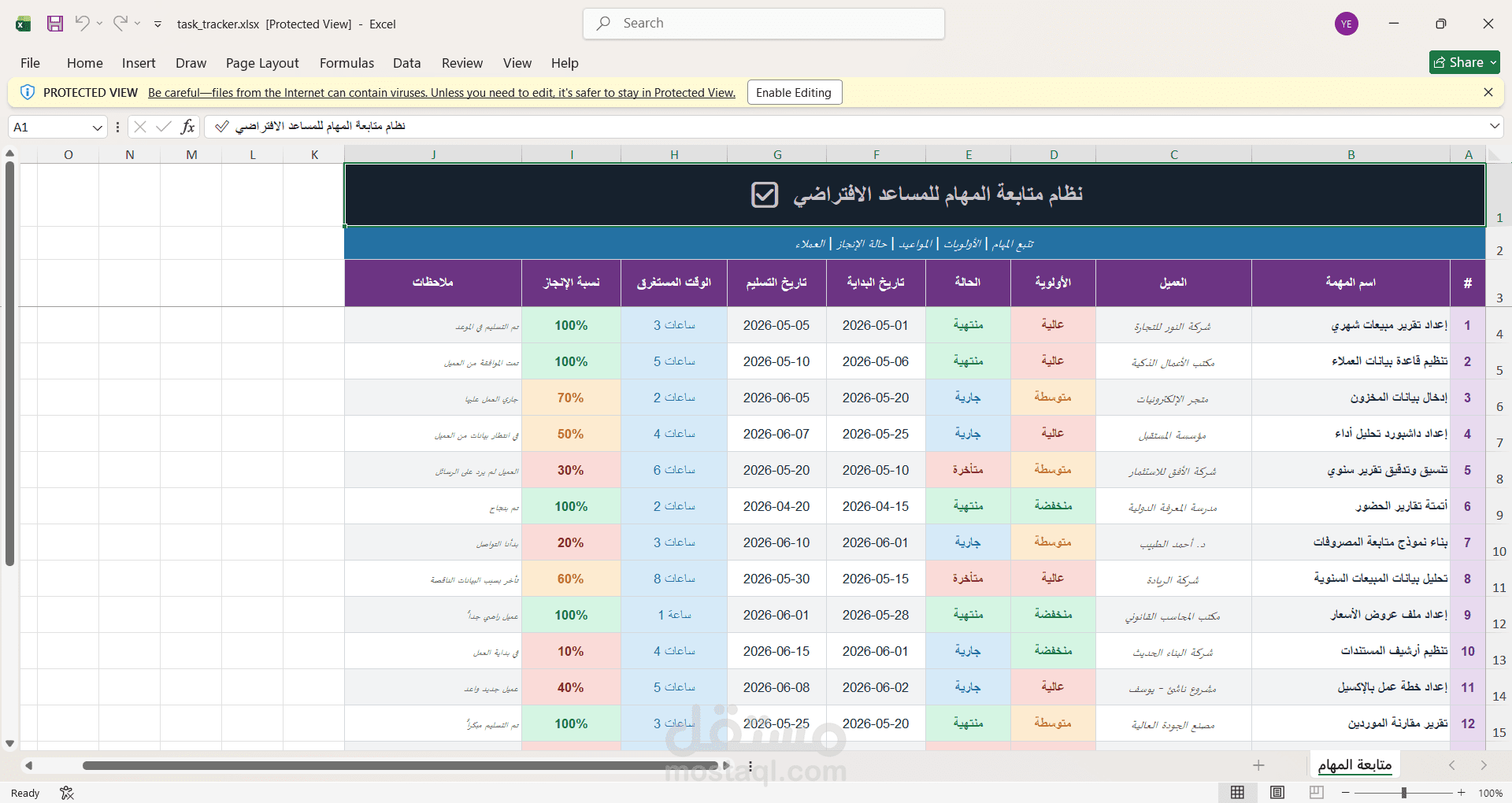 جدول متابعة مهام المساعد الافتراضي باستخدام Excel والذكاء الاصطناعي