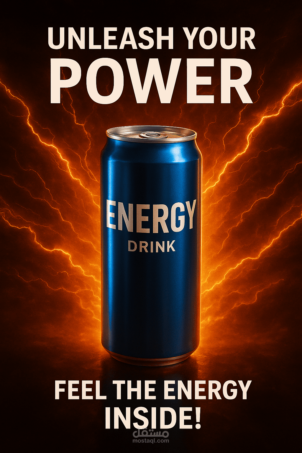 تصميم دعائي قوي لمشروب طاقة ينبض بالقوة والحماس ⚡