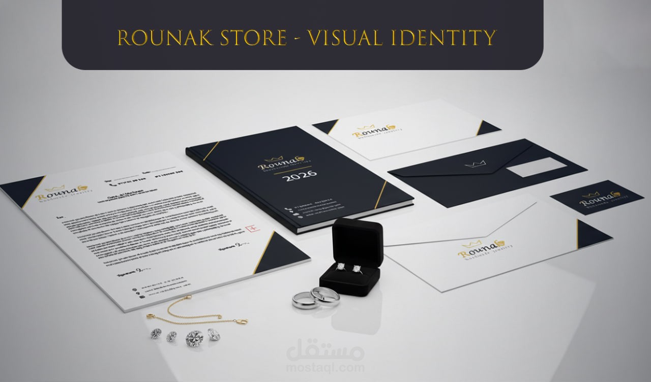 تصميم هوية بصرية متكاملة لعلامة "Rounak" للإكسسوارات.