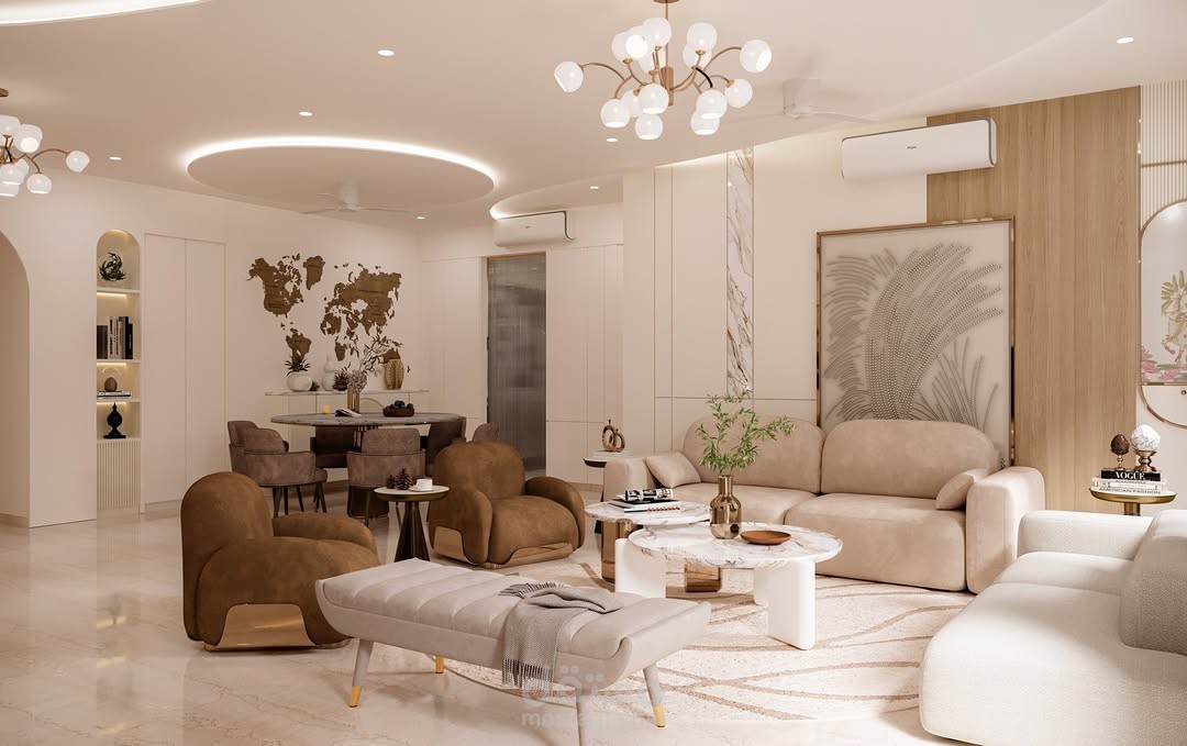 تصميم غرفة معيشة فاخرة عصرية | تصميم داخلي بألوان دافئة ومحايدة