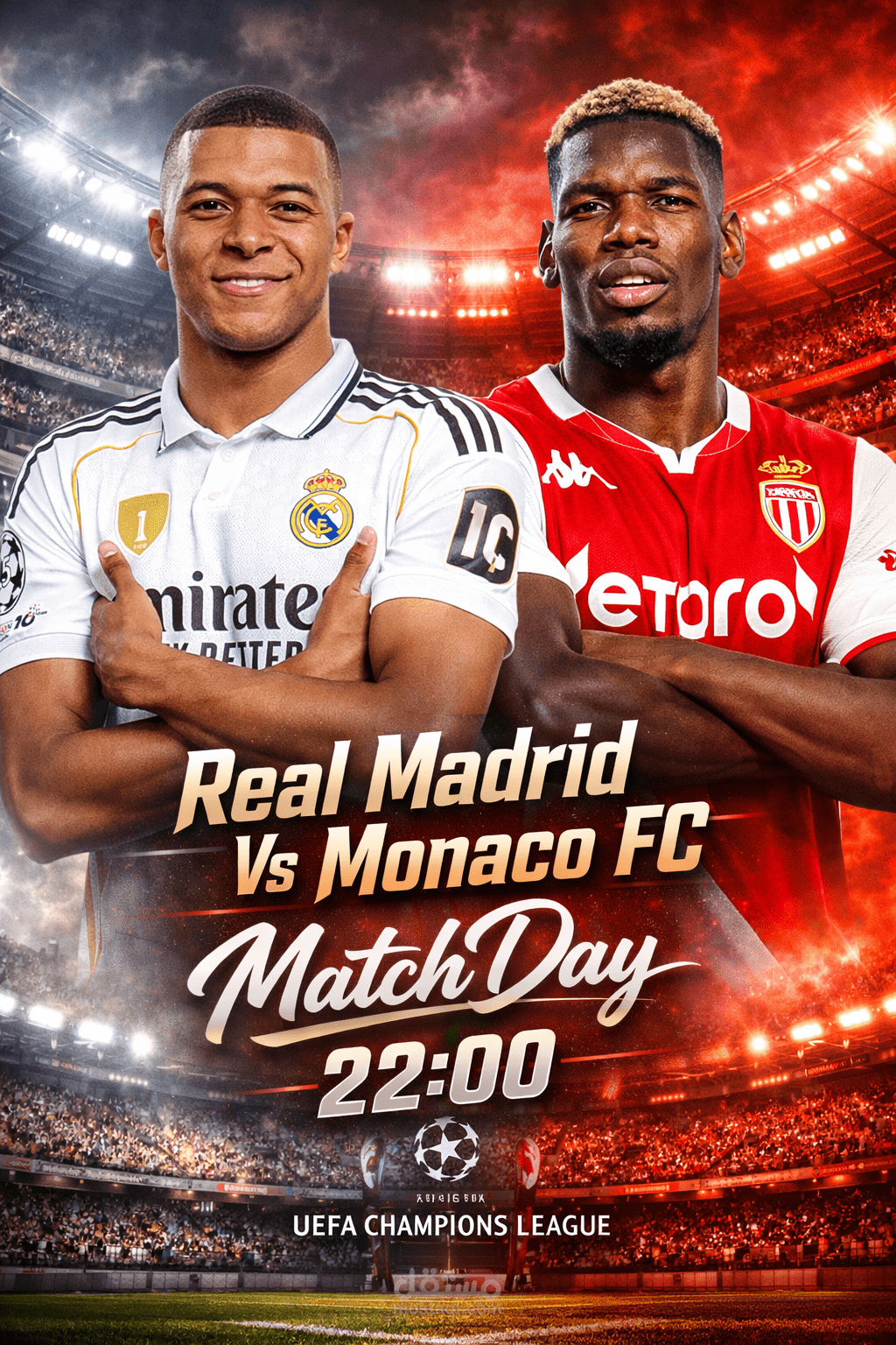 تصميم بوستر احترافي لمباراة Real Madrid vs Monaco FC – دوري أبطال أوروبا
