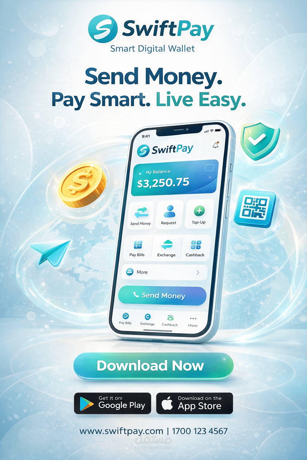 تصميم إعلان احترافي لتطبيق موبايل – SwiftPay Smart Digital Wallet