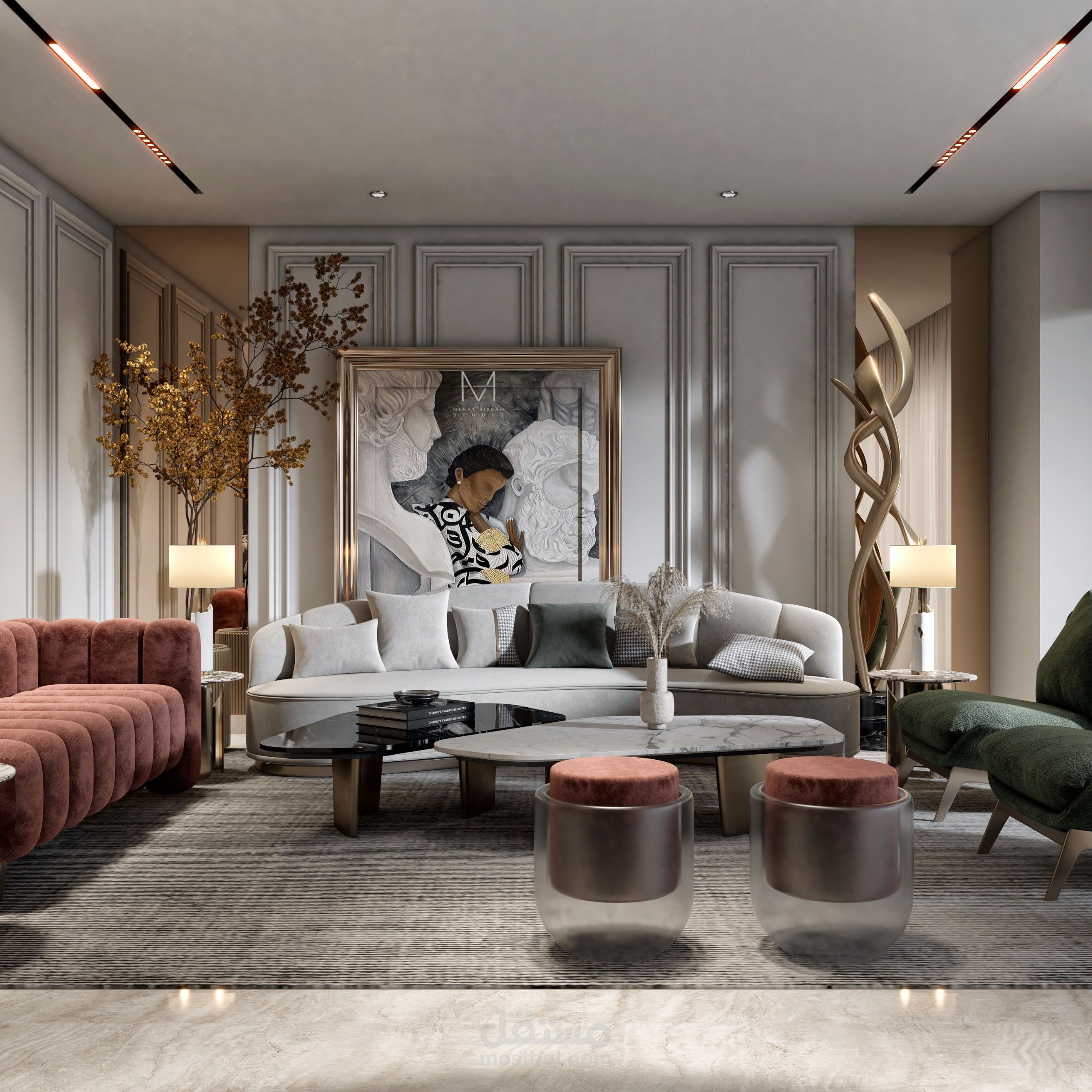تصميم غرفة معيشة فاخرة بطابع عصري كلاسيكي (Modern Classic Luxury Living Room)