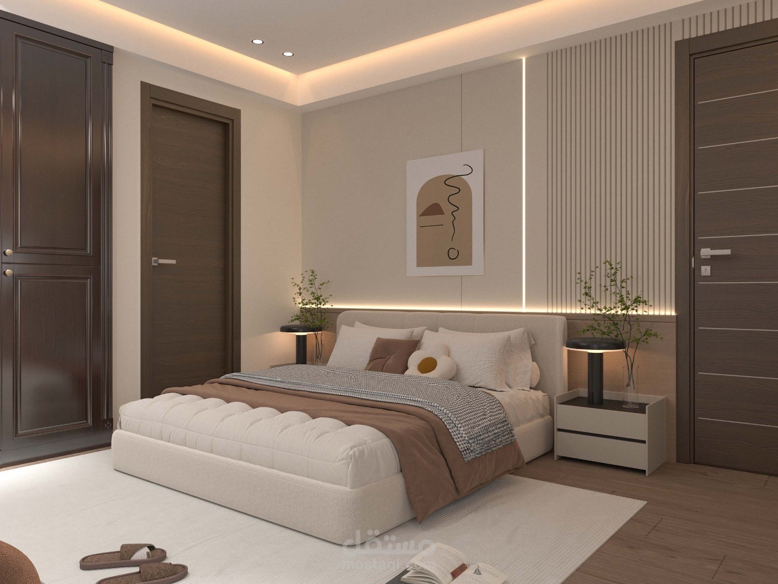 غرفة نوم مودرن دافئة بإضاءة مخفية ولمسات خشبية أنيقة