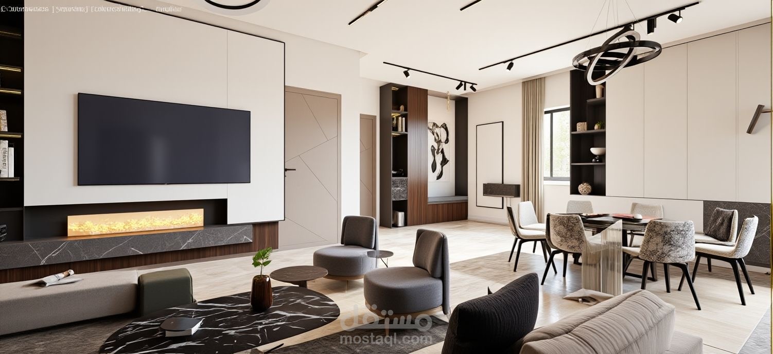 تصميم ريسبشن مفتوح مودرن يجمع بين المعيشة والسفرة بطابع فاخر