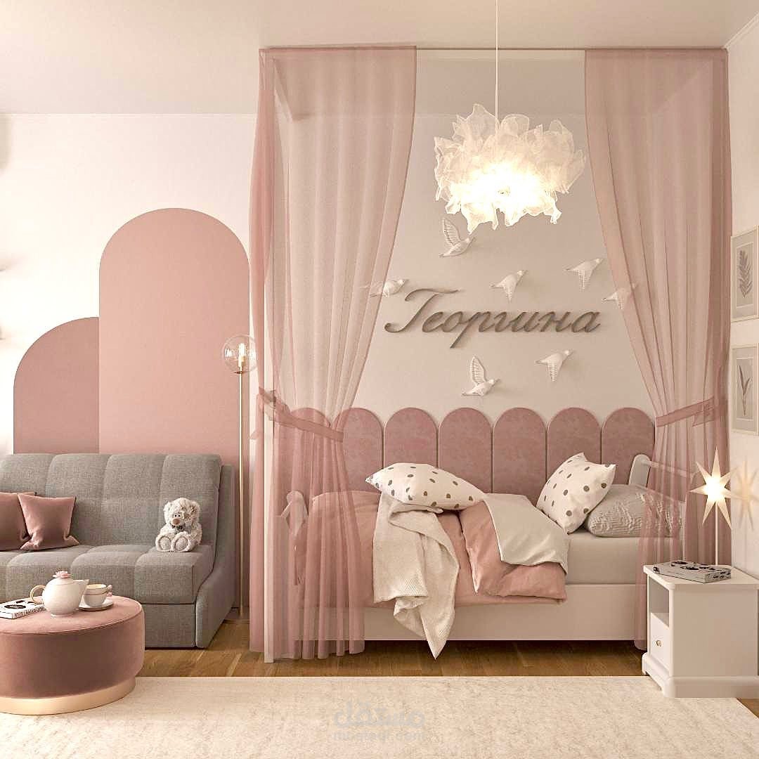 تصميم غرفة أطفال بناتي مودرن بلمسات ناعمة ومساحة دراسة مدمجة