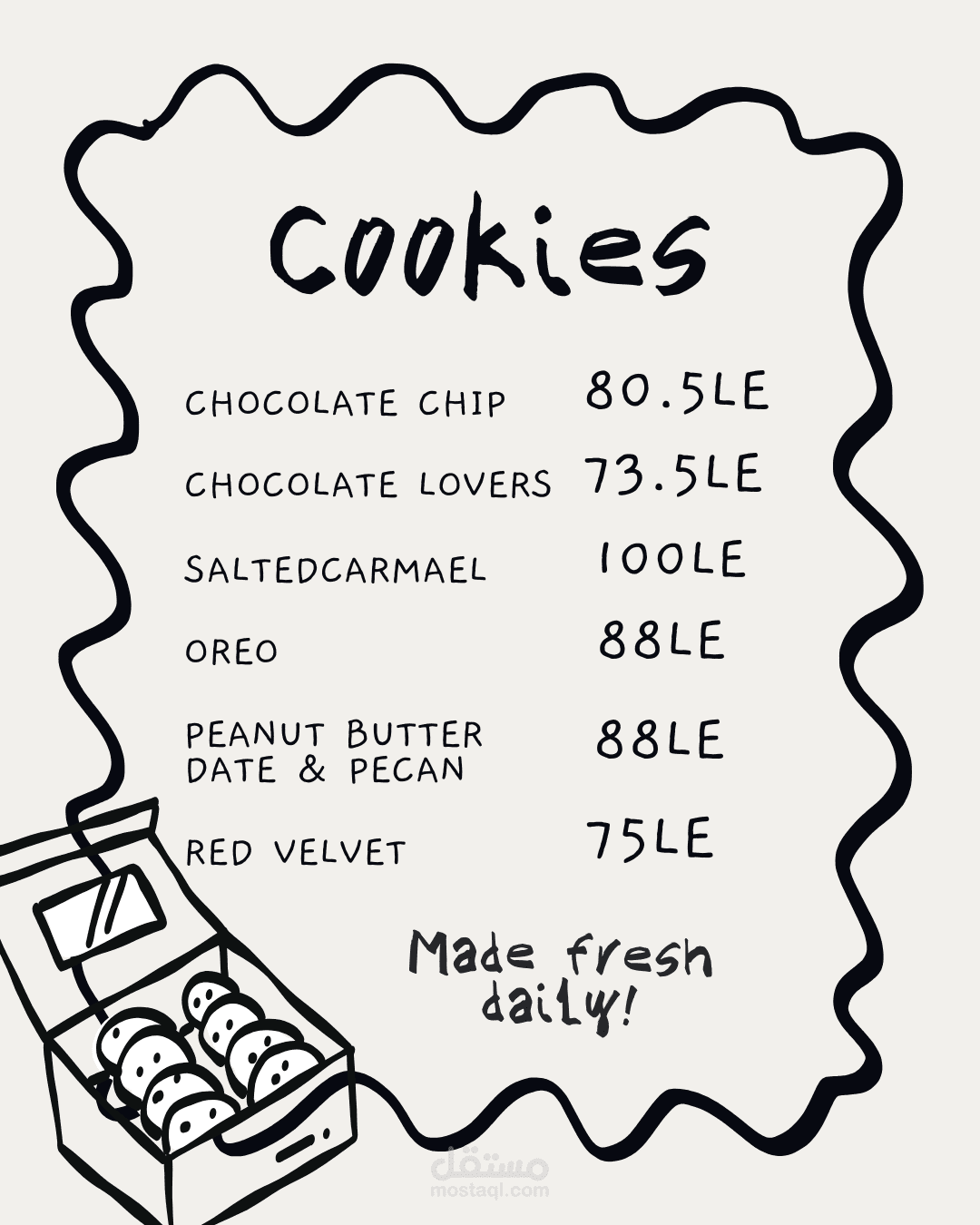 تصميم منيو إبداعي لمشروع مطبخ سحابي (Cloud Kitchen) - Cookies Menu