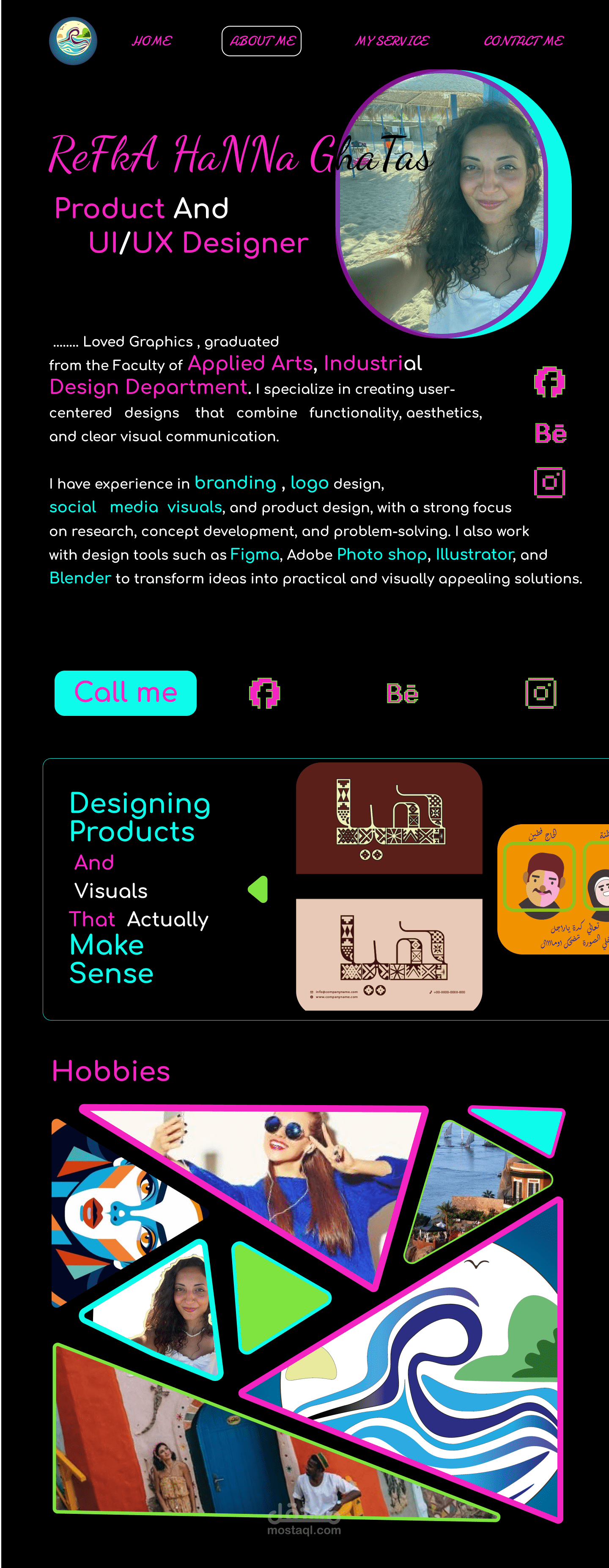 تصميم موقع بورتفوليو شخصي يعكس هويتي كمصممة بأسلوب عصري وجريء
