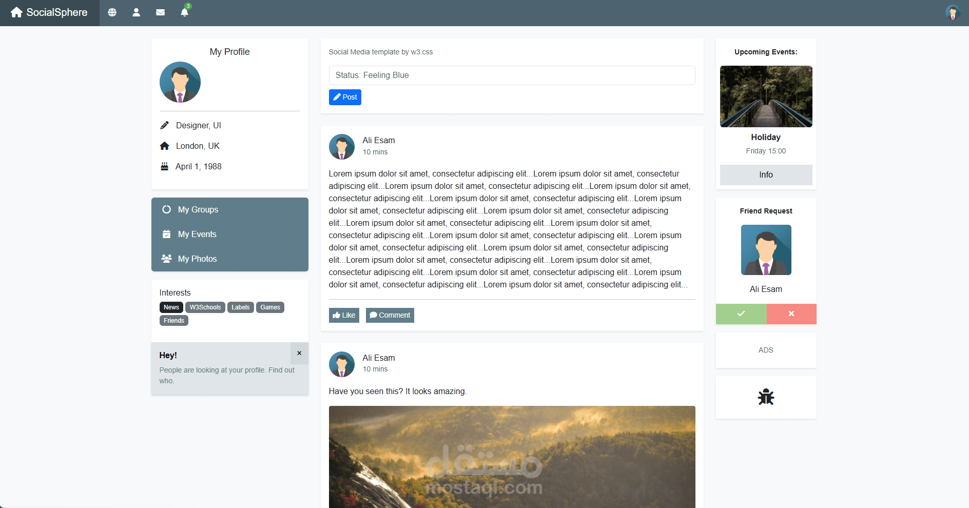 SocialSphere: واجهة لوحة تحكم اجتماعية متجاوبة