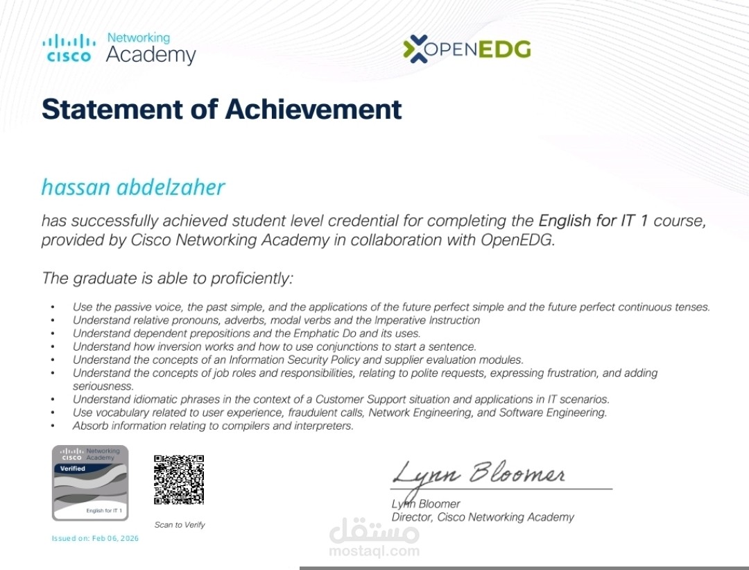 أخصائي اللغة الإنجليزية لتكنولوجيا المعلومات المعتمد من Cisco Networking Academy