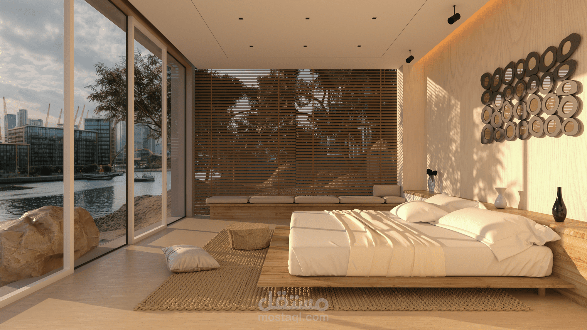 Bedroom with a view on an urban city