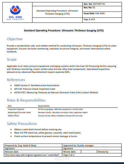 Standard Operating Procedure: Ultrasonic Thickness Gauging (UTG)