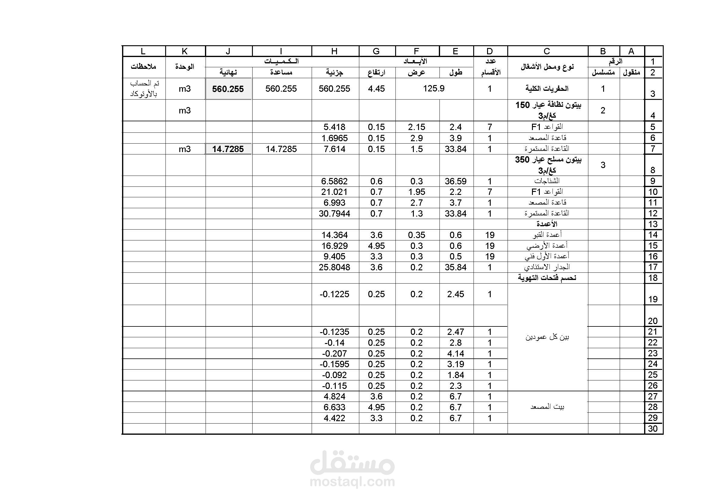 حصر كميات لبناء سكني باستخدام الإكسل