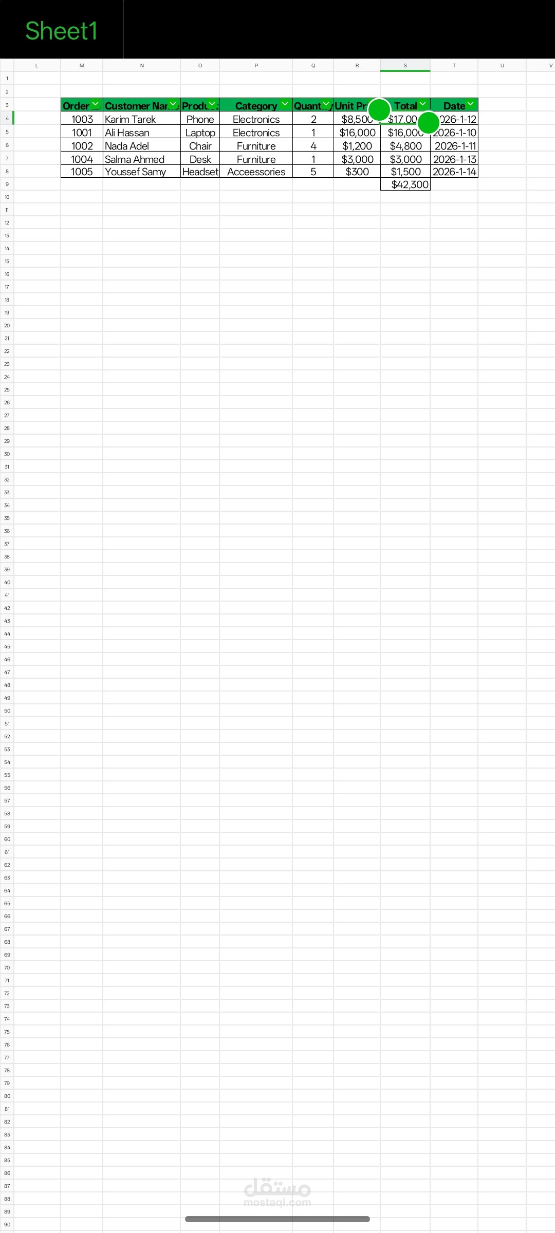 تنظيم مبيعات في جدول