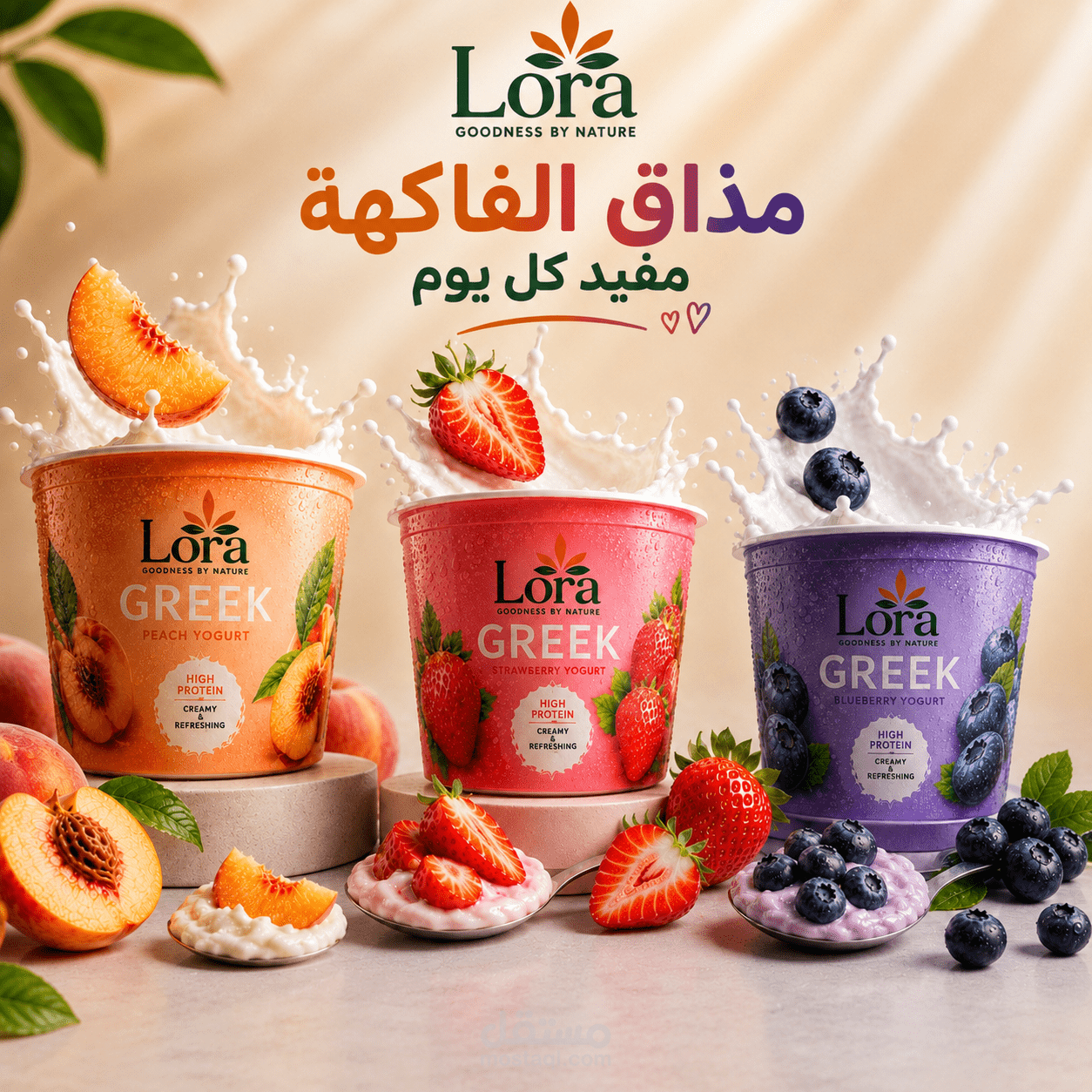 تصميم إعلاني مبتكر لبراند زبادي يونانى (Lora) باستخدام تقنيات الدمج الرقمي والذكاء الاصطناعي